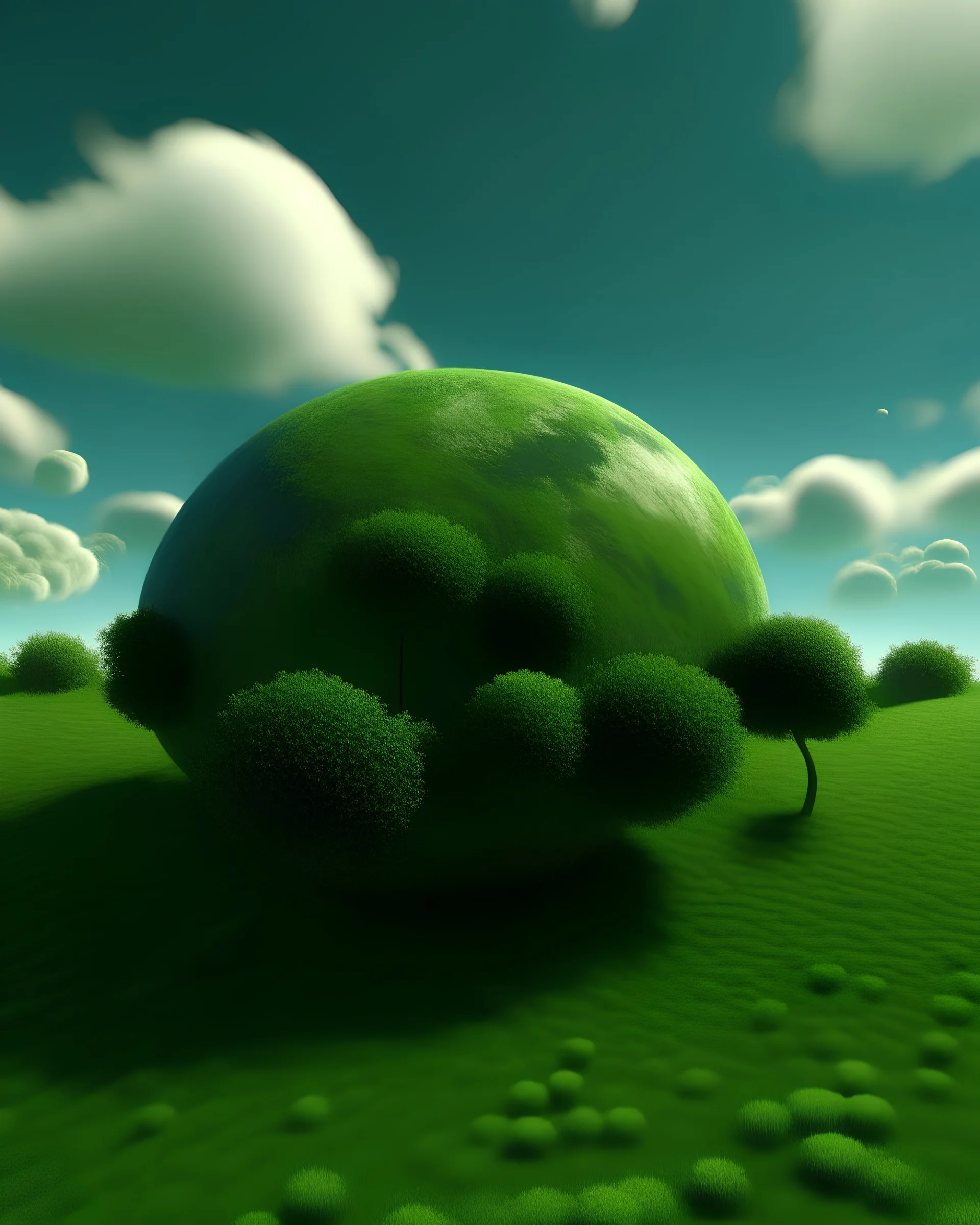 The image depicts a small, grassy round planet with trees and clouds.