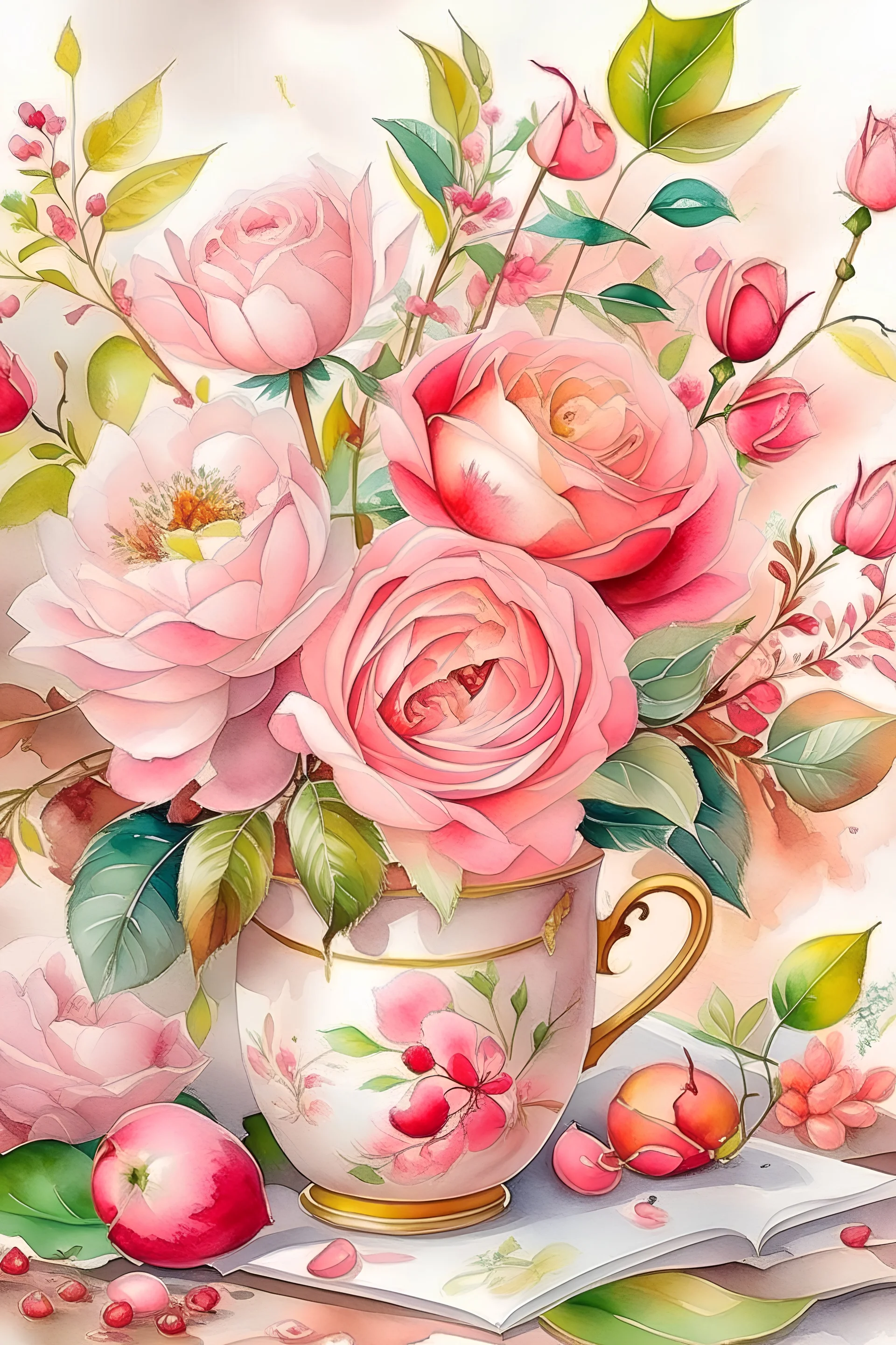 MAGIC WATERCOLOR Pale pink roses, white Chinese peony, tiny apple blossoms, eucalyptus leaves, cranberry twigs, sprigs of copper pepper berries - all this is collected in a cute floral arrangement on a pink nickel mug. The mug stands on a thick white book with a picture in a gold cover. A sunny, bright image. Ad copy, huge copy space on top of the image, negative space, HD, 8k, blurred dreamy background,