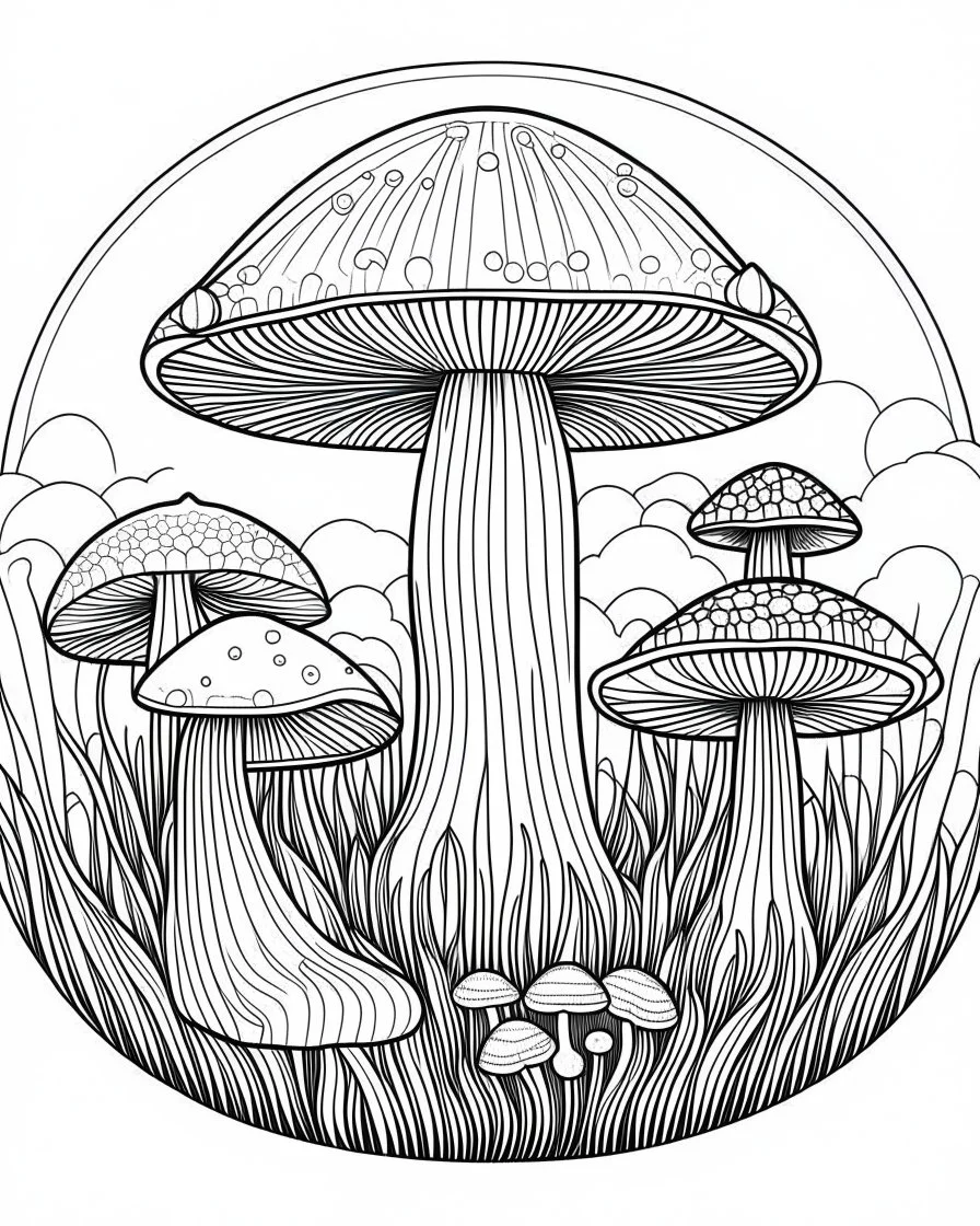 mushroom world minimalistic landscape. line art, background, vector, svg, coloring book page style, black outline on white background