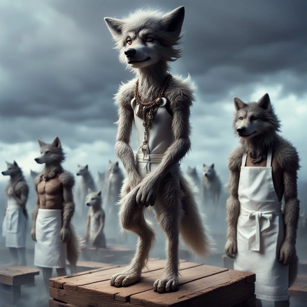 stands on top a wooden box a thin, young sad anthropomorphic wolf in full body hair with autentic wood-bone necklace hanging in his neck and in white belt , front him two older anthropomorphic wolves white Chef's Bib Snap Apron look at him, stormy sky, in blur background more different anthropomorphic wolves stand in body hair and looking them , realistic, detailed, cinematic, sci-fi, digital art, fantasy mood