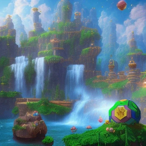 New Land by super mario 3d land with waterfalls, 3d, high detail, symbols, 4k, ray traing, render, future punk, steam punk, magic in blue colors, no other place