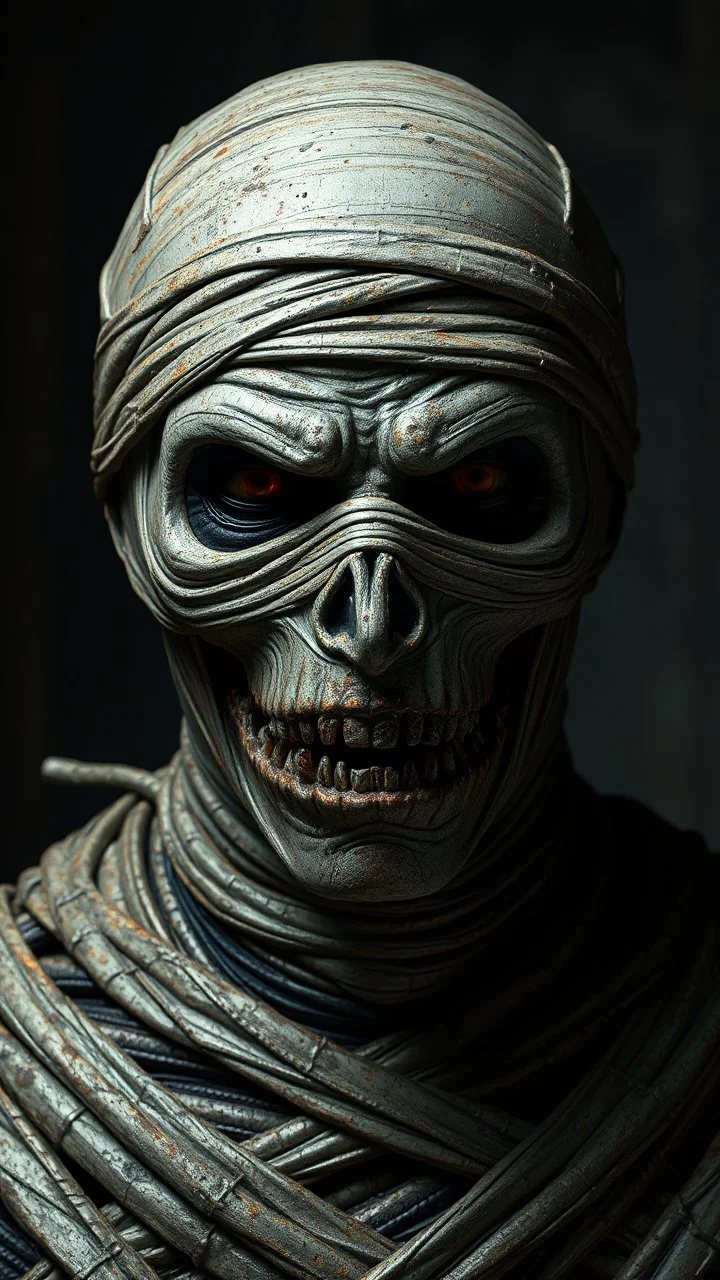 Busch painting style nightmare, a front view of the mummy by his face skin is a rusted broken metallic skin texture in a 3d rendering full-height image of a grim and dark scene. Ensure the final images exhibit the utmost quality, encompassing 4K, 8K, and 64K resolutions, with 3D rendering that manifests in photorealistic, hyperrealistic, and highly detailed representations. Employ techniques such as HDR, UHD,