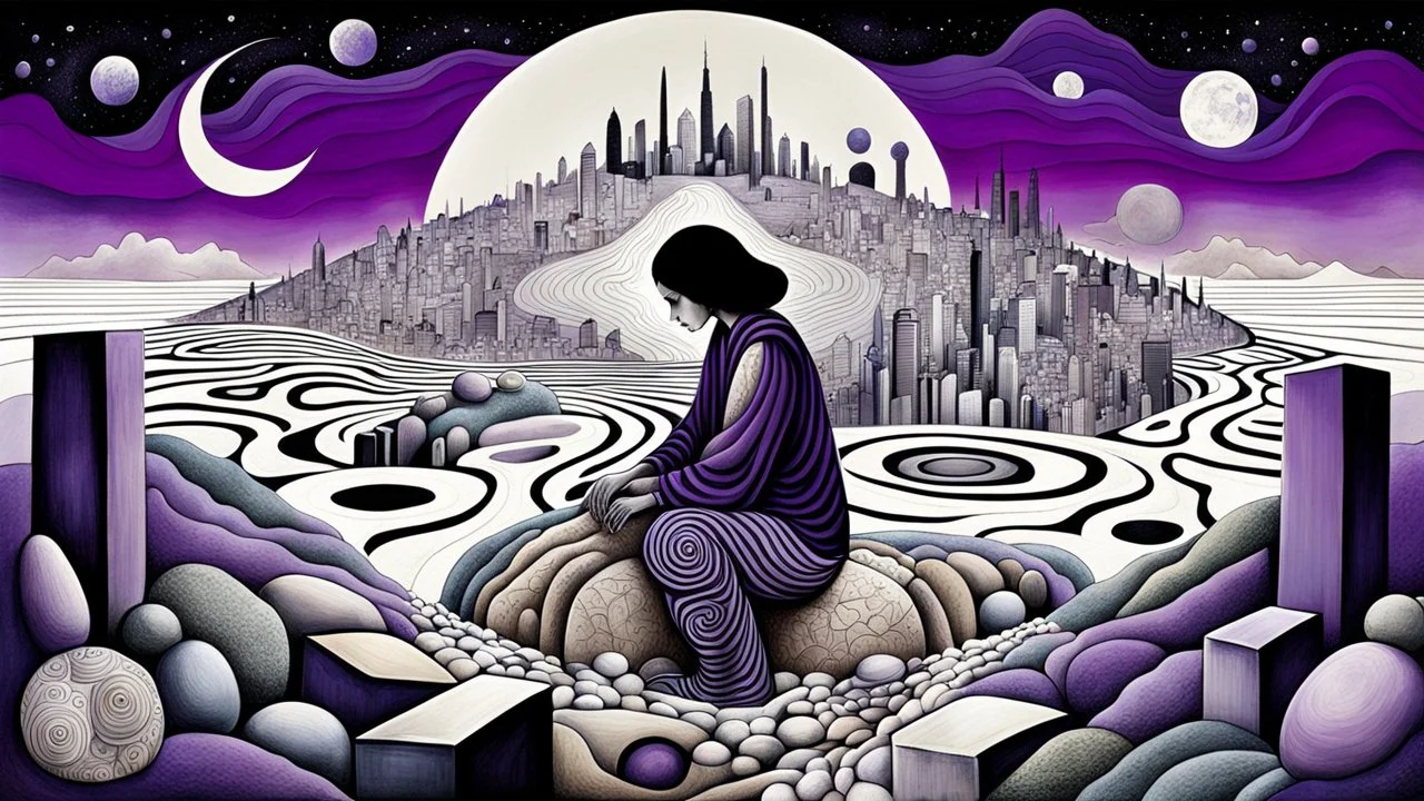 inner world ,a nonbinary human figure crouched in the middle of a multi-layered thick amorphous block of stone consisting of several layers, around weird whimsical landscape city in the distance, pale eyes, pale hands faint human figures, dark purple, gray, black, white, brown. Whimsical style of Chagall , of Minjae Lee and Anton Semenov, lonely with absurd broken land, neuron network background, surreal vibe