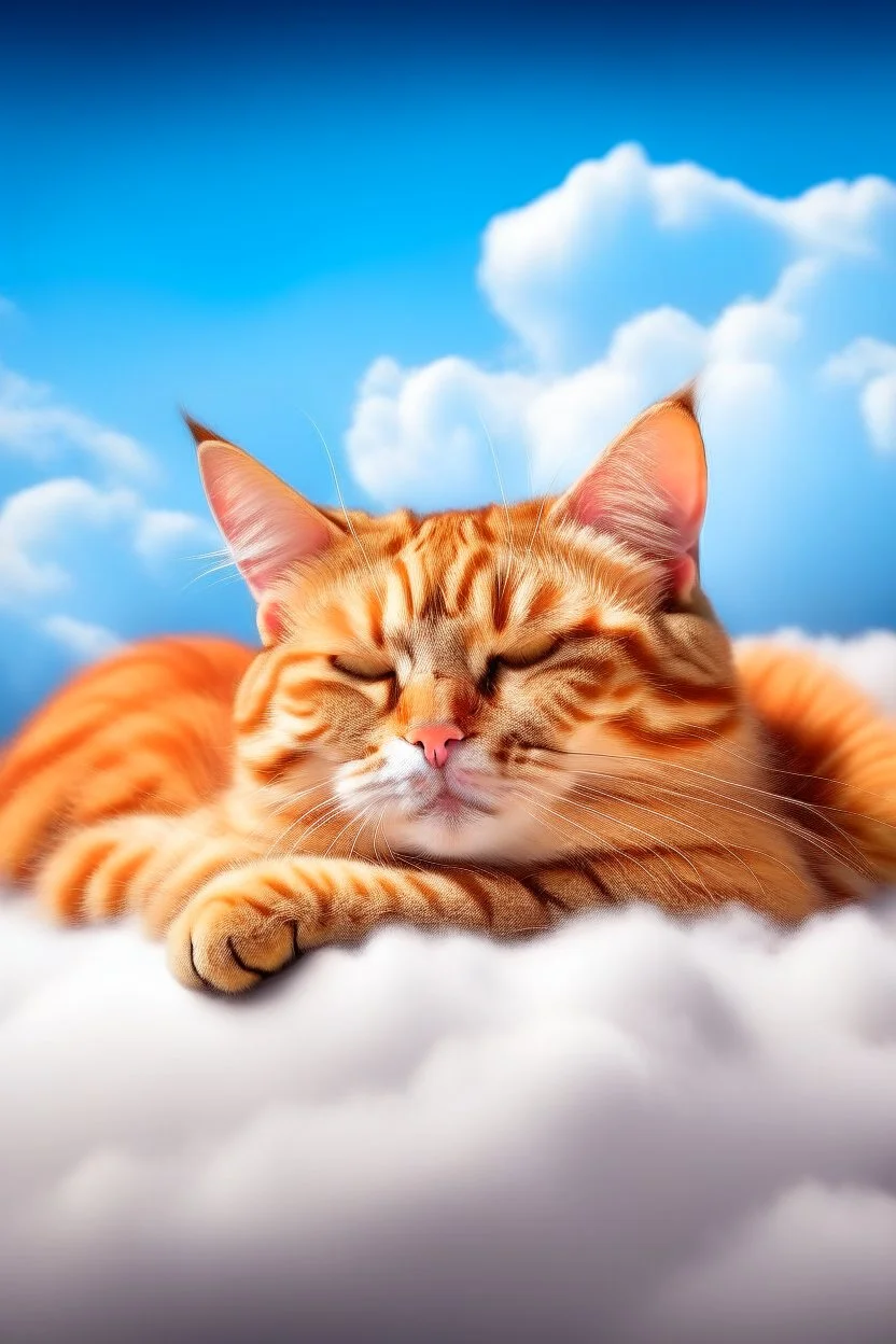 portrait of a orange cat with stripes in heaven sleeping on a cloud