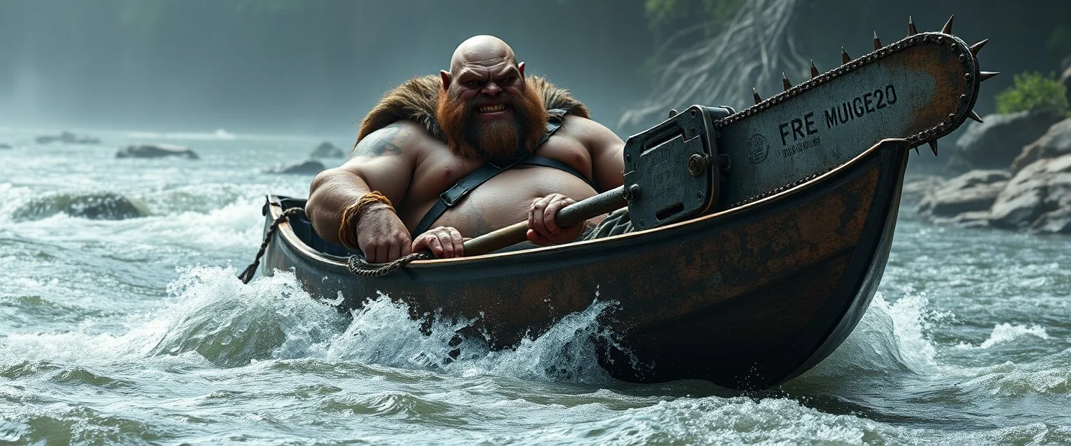 ancient bald fat ogre troll machete sitting relaxed in huge massive kayak in rapid stream, smacking fish with big metal chain saw oar with spikes