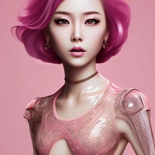 pink short hair leaning pose latex suit realistic body full body portrait high lighting intricate detail Asian woman