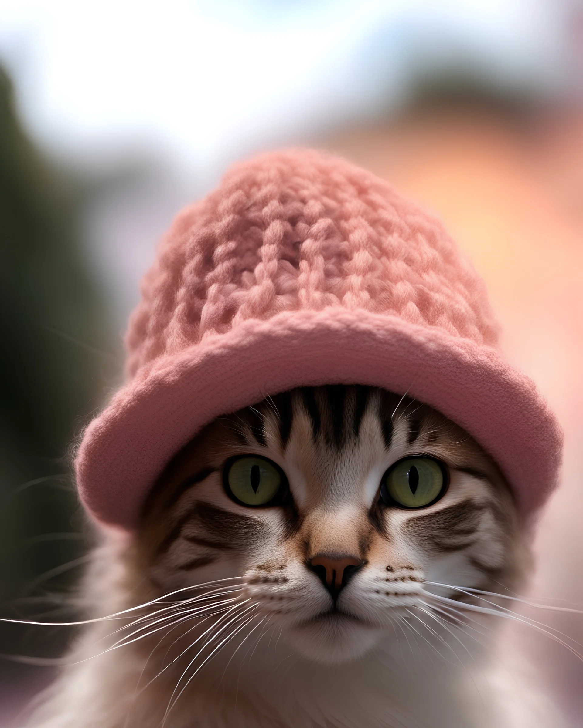 A cat wearing pink woolen weaving cap, Vivid, HD, Hi-Res, Neon lights amazing effect on face, realistic, vivid color, Hi-Res, HD, , Highly Focused, , 8k