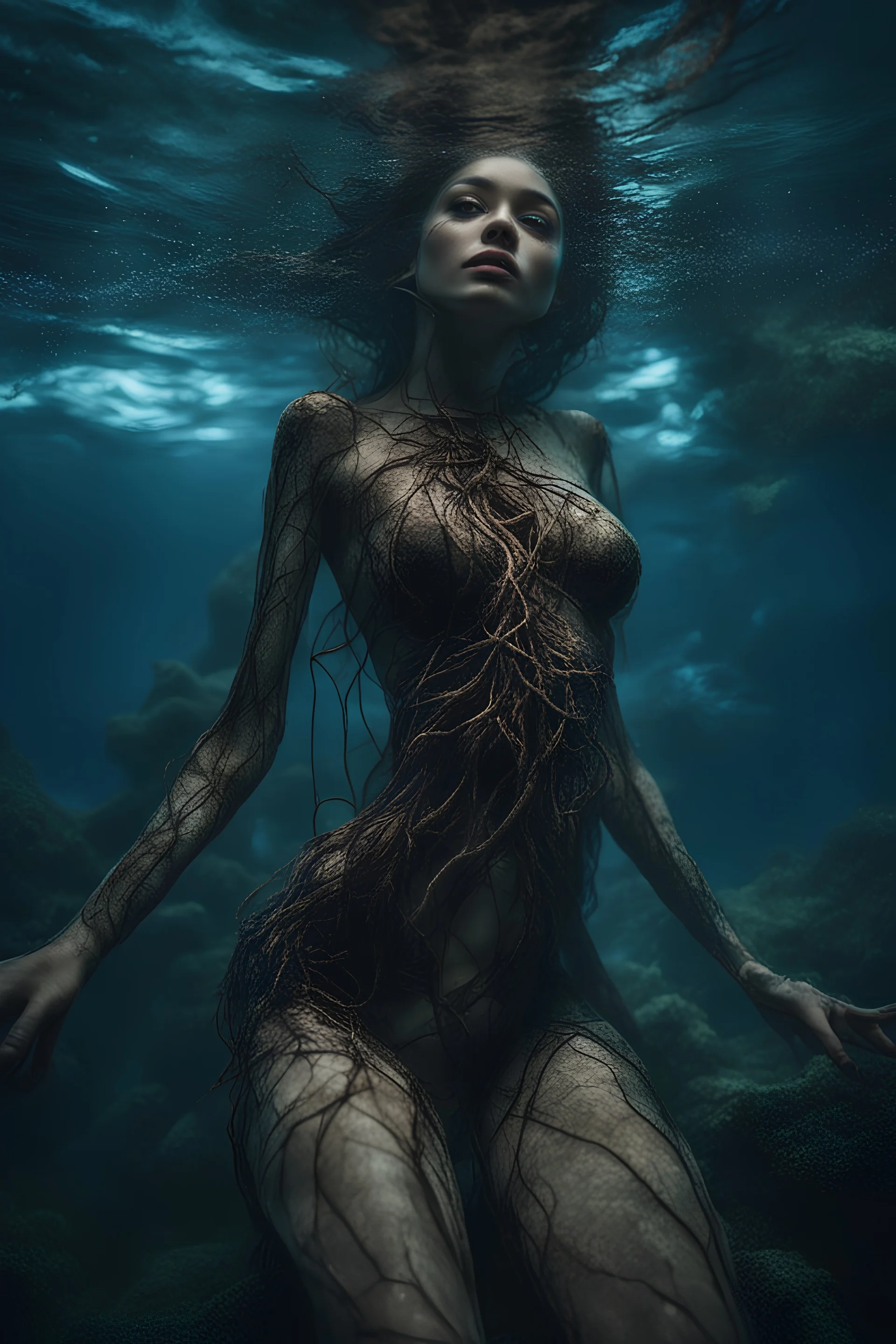 Underwater, girl, fullbody, darkbrown tones, lying pose, his skin turned translucent revealing a network of black veins that extended like roots beneath her epidermis, ragged clothes,night, high lighting, intricate, 8k, macro photography,