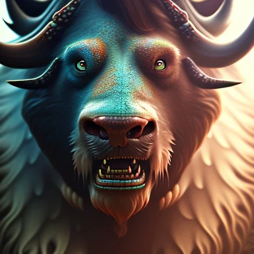  american Buffalo, face.intricate detail,detailed eyes, Trending on artstation, octane render,.studio ghibli,andrea bonelli,Kilian Eng,Ohrai, korra character, style.