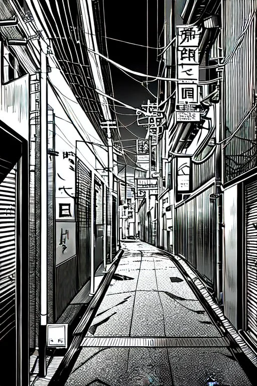 Tokyo alley, line arts, greyscale