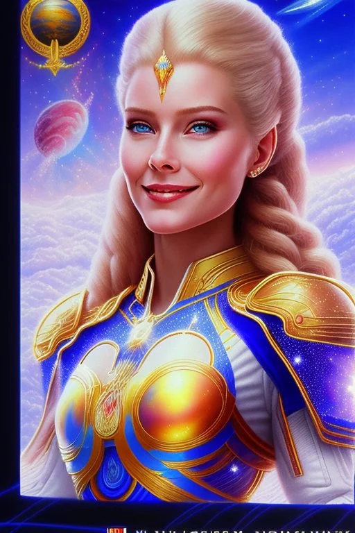 cosmic woman smile, admiral from the future, one fine whole face, crystalline skin, expressive blue eyes,rainbow, smiling lips, very nice smile, costume pleiadian, Beautiful tall woman pleiadian Galactic commander, ship, perfect datailed golden galactic suit, high rank, long blond hair, hand whit five perfect detailed finger, amazing big blue eyes, smilling mouth, high drfinition lips, cosmic happiness, bright colors, blue, pink, gold, jewels, realist, high commander