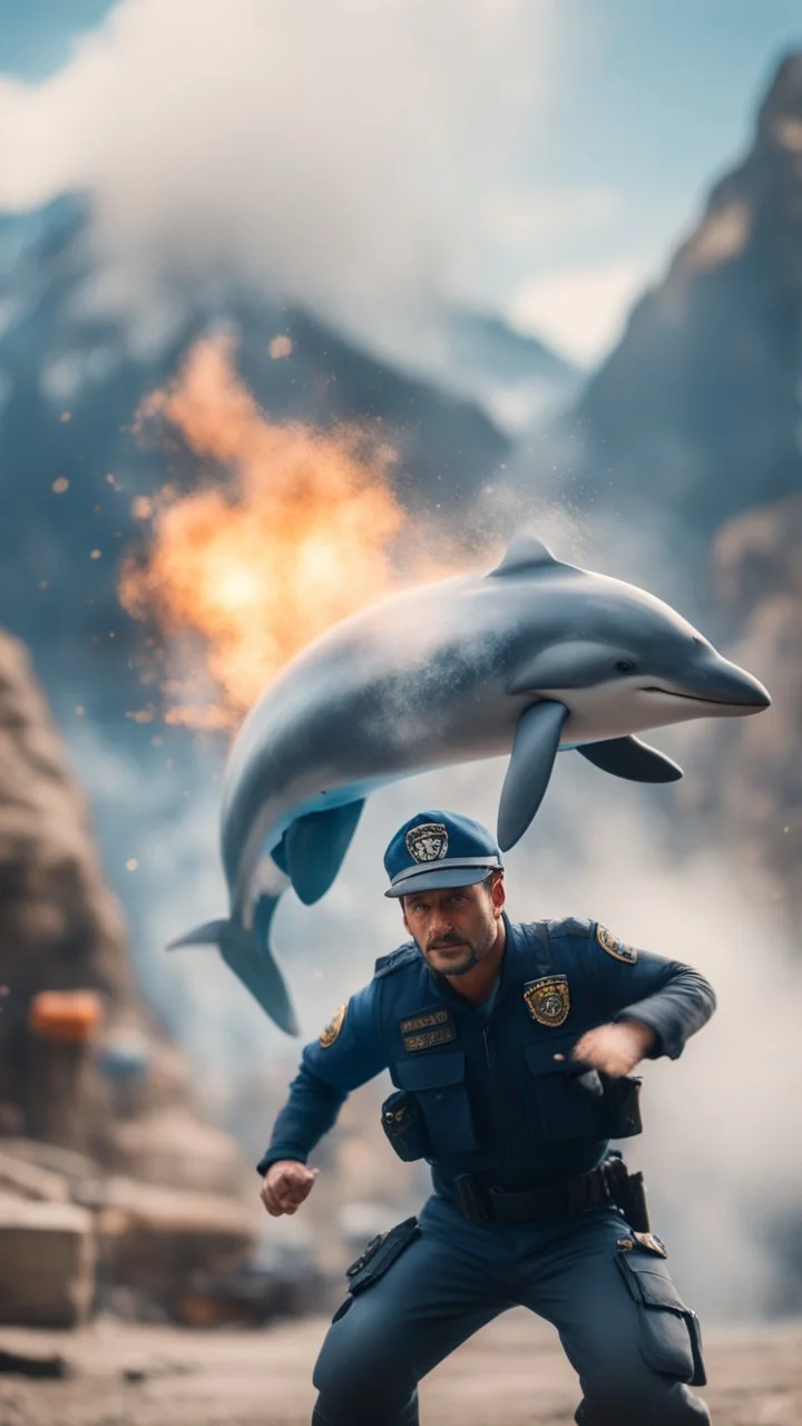 close up danger expression, mountains, dolphin police stunt man explosion and fall, smoke and blitz, bokeh like f/0.8, tilt-shift lens 8k, high detail, smooth render, down-light, unreal engine, prize winning