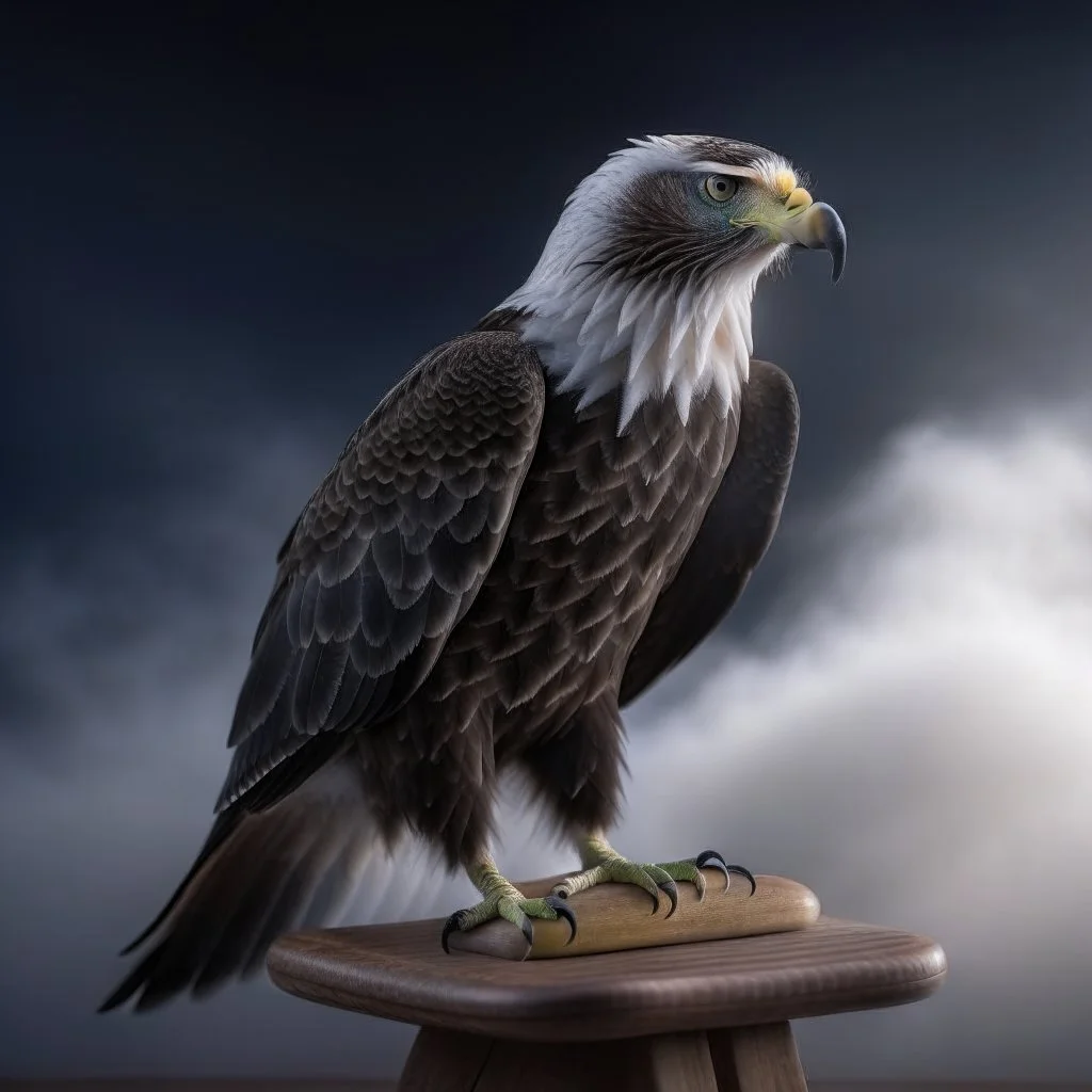 bald eagle on surfing board photo shoot, 8k, down-light, soft light, depth of field, photo realism, trending on art station, high detail, smoke and fog