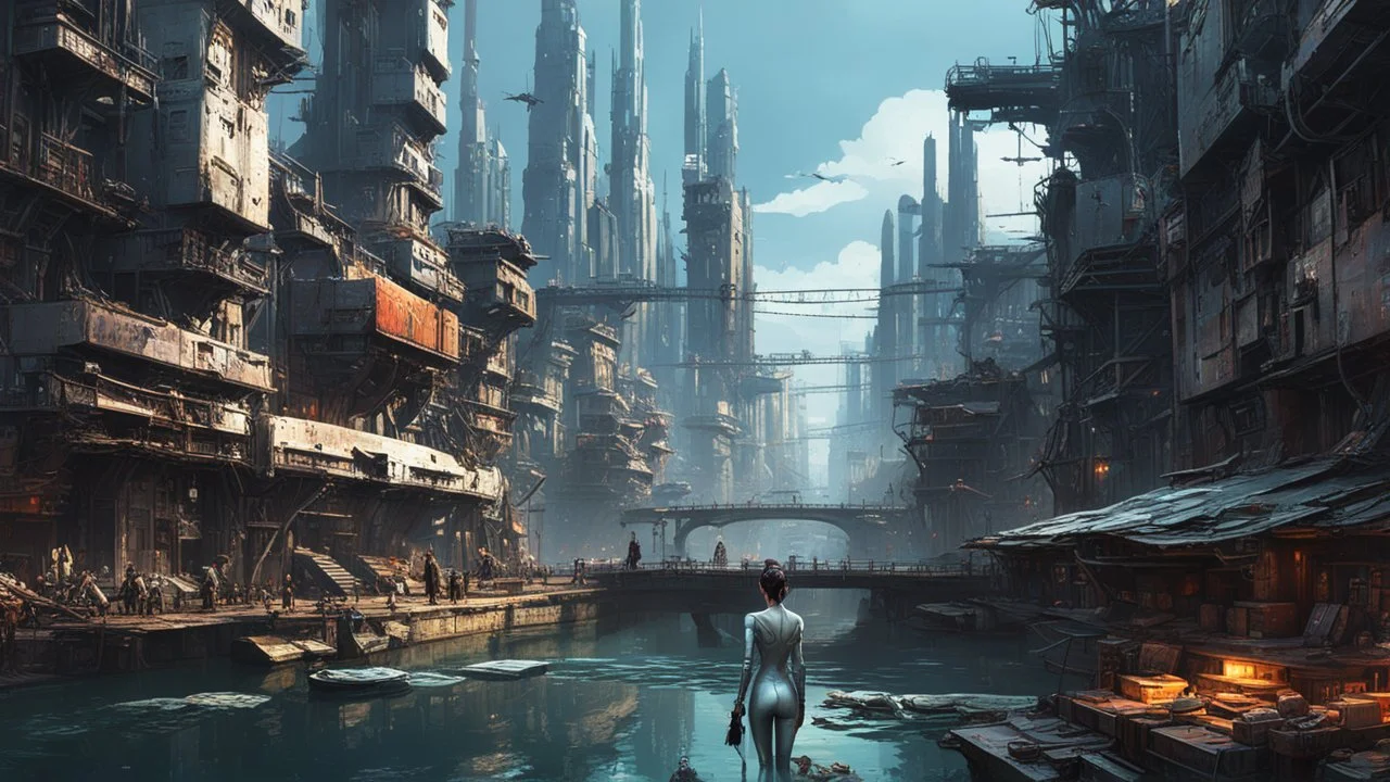 woman in a silver catsuit looking at a view of buildings made of reused dirty rusty metal next to a futuristic canal junction, cyberpunk, many painted colours, flying boats, balconies, bridges, people, shopping, eating, walking, fifth element, ghost in the shell, altered carbon, Ian McQue a masterpiece, 8k resolution, dark fantasy concept art, by Greg Rutkowski, dynamic lighting, hyperdetailed, intricately detailed, Splash screen art, trending on Artstation, deep color, Unreal Engine, volumetric