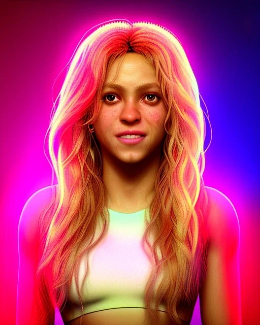 portrait, Shakira, blonde artist, Realistic image, drinking a strawberry milkshake, pink line make-up, sweat, fog, goddess style, Neon colors, leds. Color background, photo studio, concept art, smooth, unreal engine 5, god lights, ray tracing, RTX, lumen lighting, ultra detail, volumetric lighting, 3d, finely drawn, high definition, 4k.