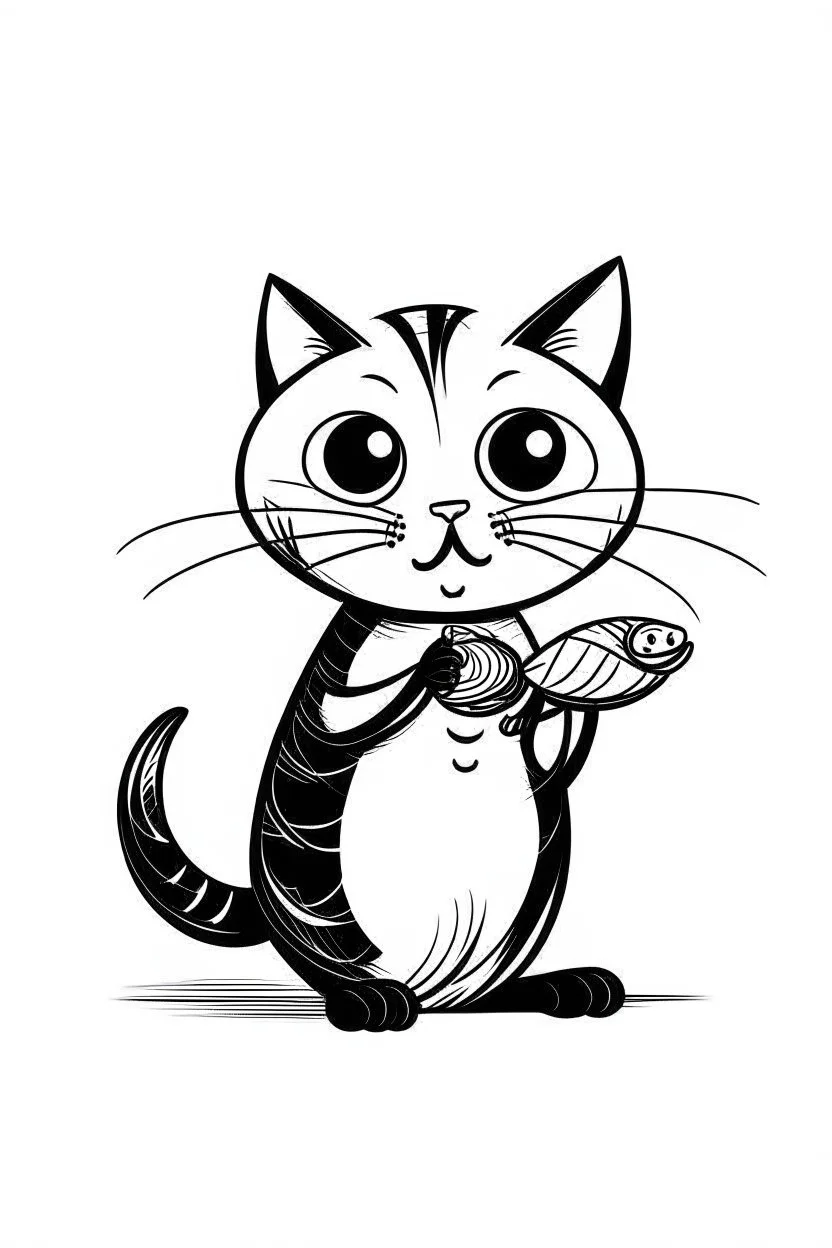 cartoon cat eating a fish. simple thin crisp lines. kids. black and white. no shading