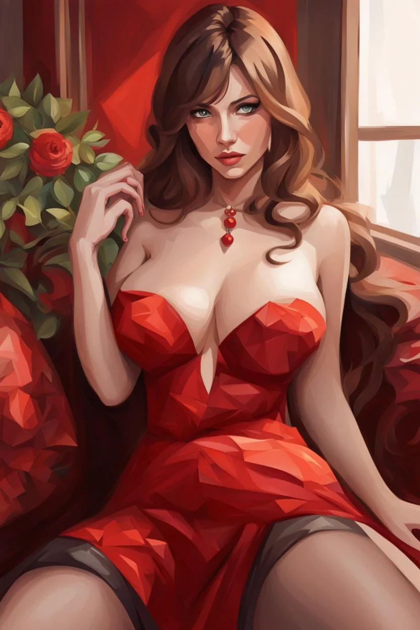 A stunning, seductive woman in a fiery red dress, casting a shy glance over her shoulder. cartoon style, cubism style