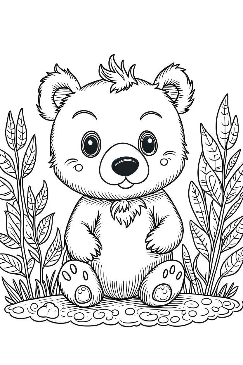 cute coloring page, sketch style, cute baby bear in the wood, cute cartoon, white and black, withe background, no shadows, outline.