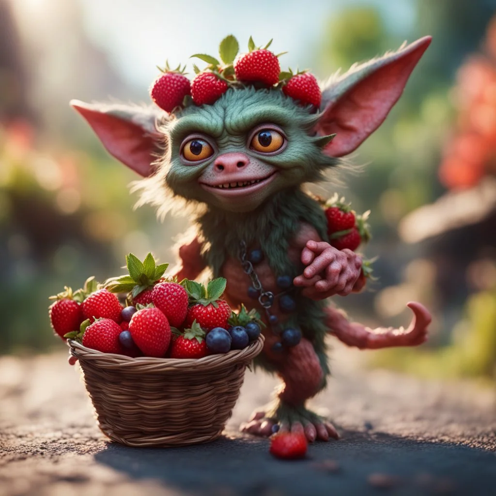 hairy heavy metal gremlin kobold strawberry beast hippie with long eyebrows holding a basket of berries,bokeh like f/0.8, tilt-shift lens 8k, high detail, smooth render, down-light, unreal engine