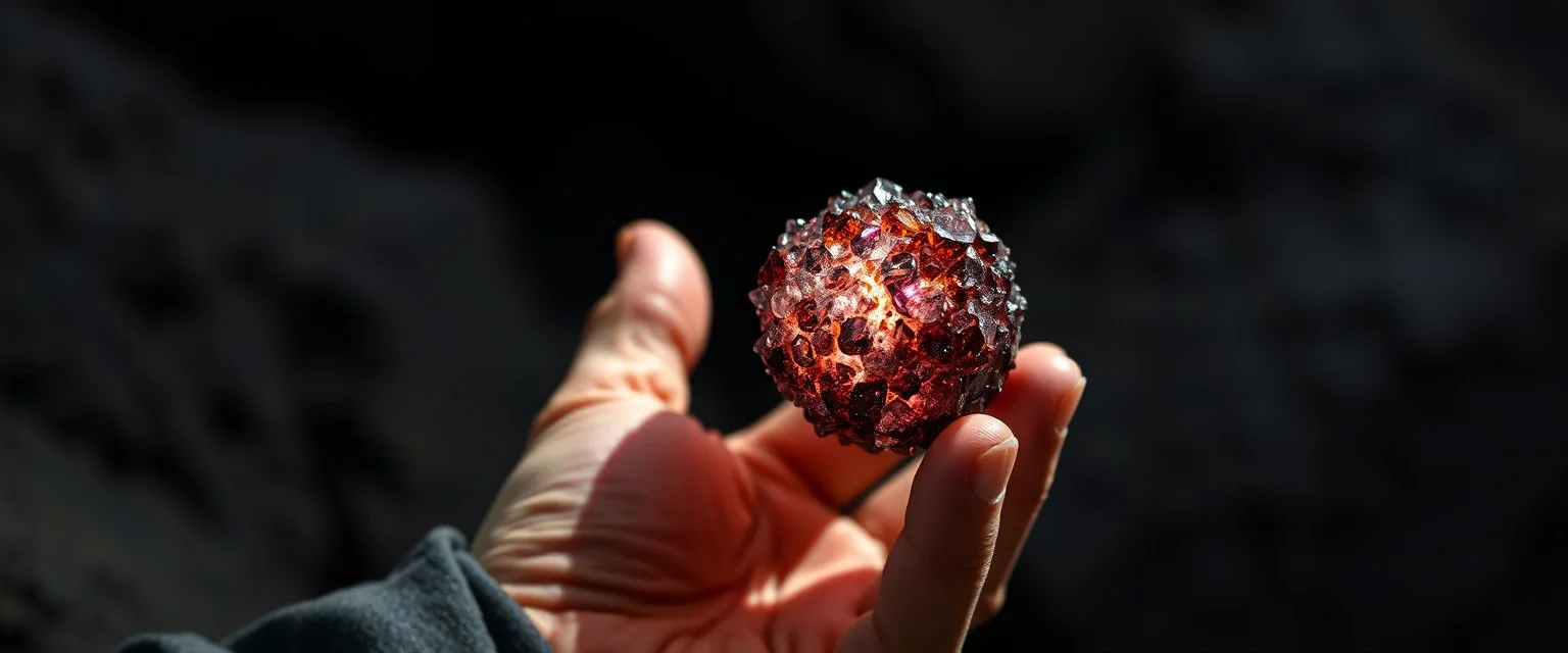 dark dwarf mining expert expert holding up a radiant Painite crystal rosette ball