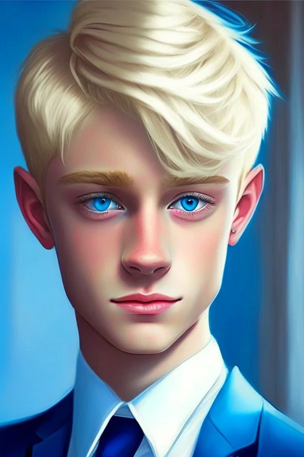 A cute Twink boy, blonde haircut, blue eyes, suit in party