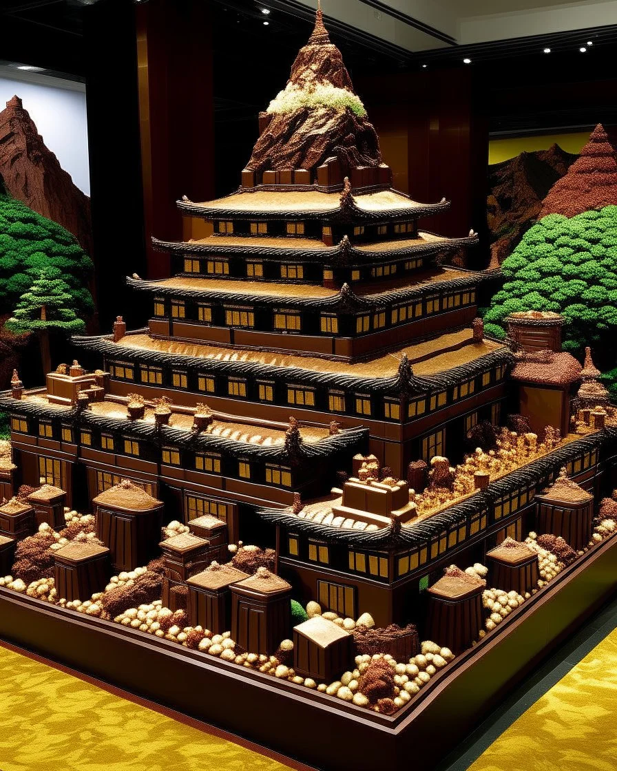 A dark brown Japanese palace on a mountain made out of gingerbread painted by Andy Warhol