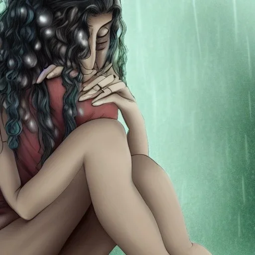 sad girl sitting on a chair under the rain, long hair, beautiful, high details, dragon tatoo, short dress, curly hair, green eyes, realistic, 4k