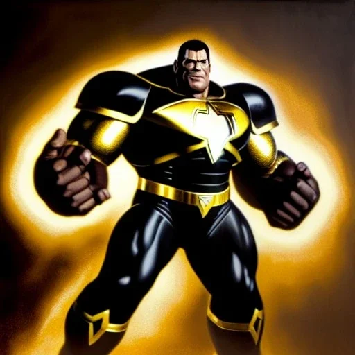 fullbody portrait in oil on canvas of Black Adam with Big Golden Hulkbuster armor, intense stare, masterpiece, realistic, intricate detail, sci-fi fantasy style, volumetric lighting, particles, highly detailed ,cinematic , deep colours, 8k, by Kaare Andrew and Robert E Howard and Ken Kelly