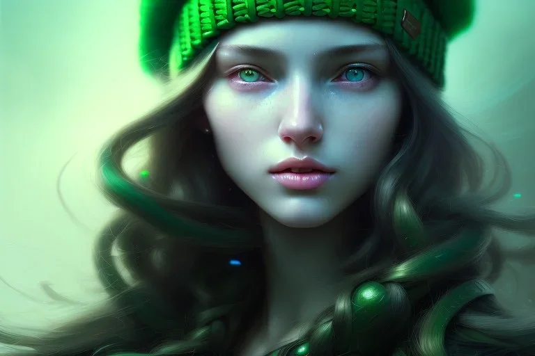 girl, cute, beautiful, long hair, wavy hair, green hair, blue eyes, green beanie, green coat, black tee shirt, head and shoulders portrait, 8k resolution concept art portrait by Greg Rutkowski, Artgerm, WLOP, Alphonse Mucha dynamic lighting hyperdetailed intricately detailed