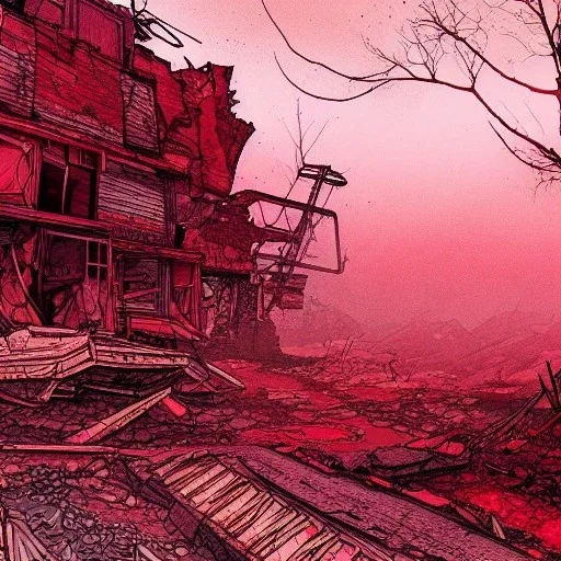  line Art coloured, destroyed, post apocalyptic, darkred tones,