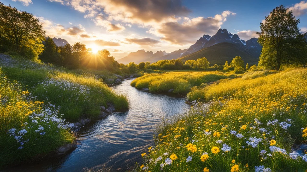 desktop wallpaper ,Germany,country side wavy Reine river ,wild flowers,trees ,blue sky nice clouds,golden hour