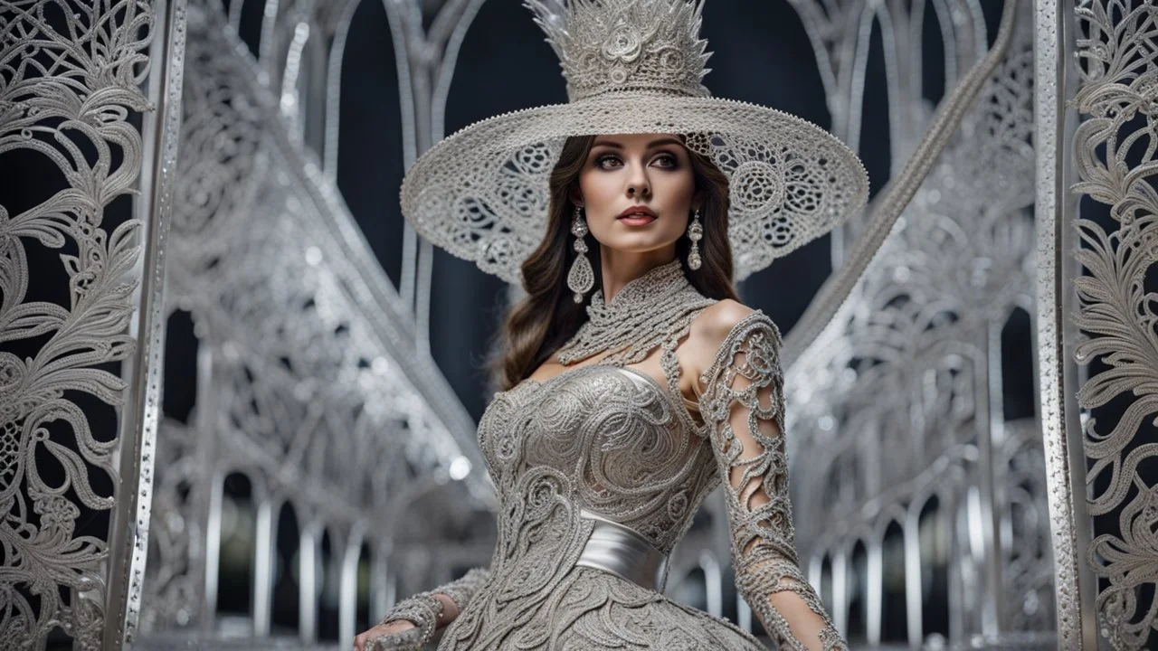 a hollow female figure in made of silver metal lace long renessince dress with hat, hollow metal statue, upscale, stunning, masterpiece, perfect lights, intricately detailed, sharp focus, cinematic