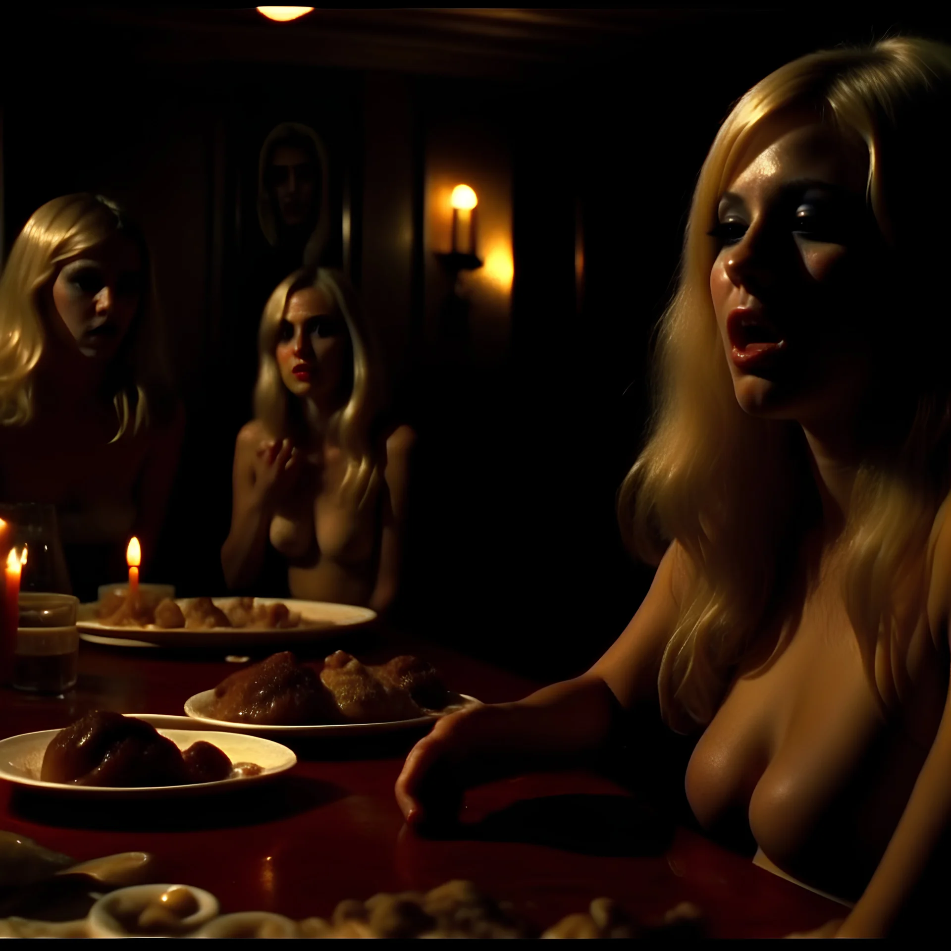 Horror movie shot, spooky, hot, ultra realistic, dine, they enjoy and get excited, ultra realistic hot blonde women, party, pieces of meat, organs, ail, dynamic, very excited people, hypermaximalist figures, light, 1970's Italian horror movie, sinister,, Dario Argento, Stanley Kubrik, ornate, 4k, photorealism