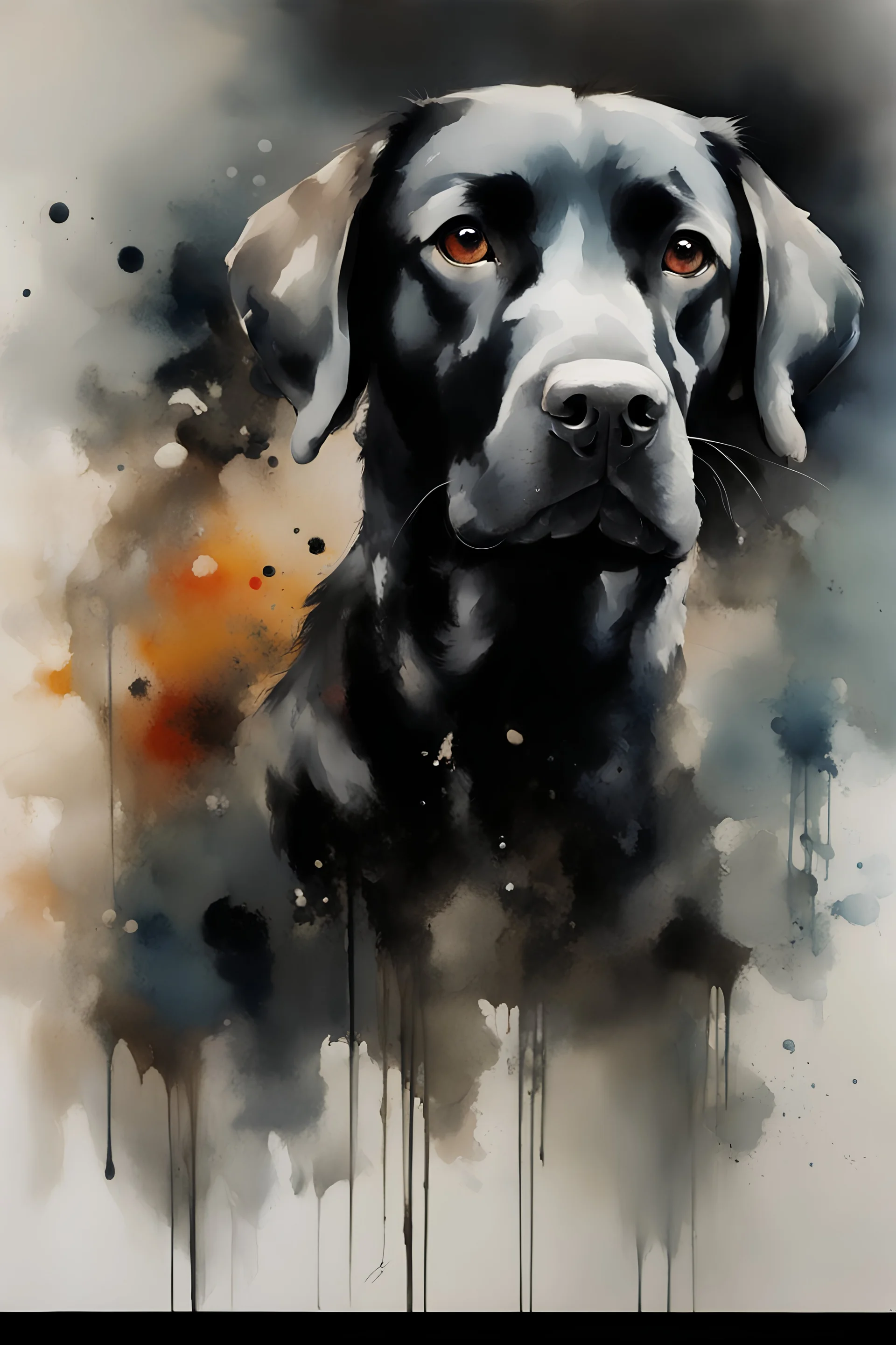 A portrait of black Labrador by Willem Haenraets, watercolor, wet on wet and splattering techniques, centered, perfect composition, abstraction, surrealism