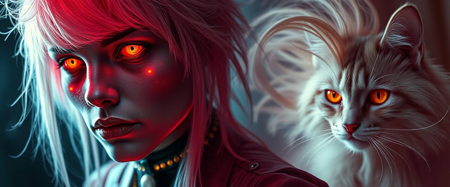 high class realism, dented skin, victorian era, cyber punk, A really close up portrait of one person individually mutated with hairy wigs glowing, and a long haired cat that just came out of a violent twister with its long hair twisted