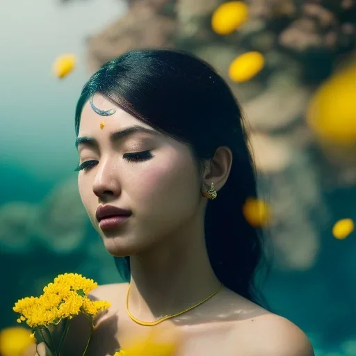 Pelin Batu underwater with yellow flowers for hair, closed eyes, rtx, reflection, 8k, glow, winning photography, caustics