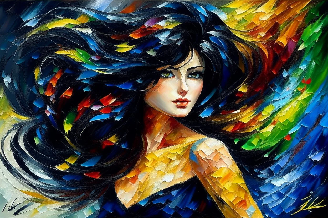 an irresistibly adorable image of a whimsical brunette woman creature with black hair and hazel eyes. Envision a charming being with fluffy, onyx-colored fur or hair that frames its endearing face. in the blowing wind Leonid Afremov