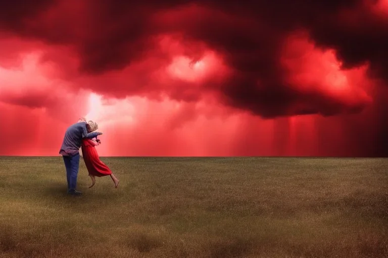 man holding dying woman on battlefield, red, dark, clouds, storm