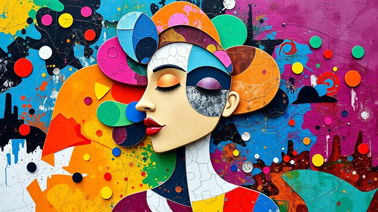 Inspired by frakenthaler Vibrant, abstract, whimsical, Full figure, head girl, white granite thought-provoking, balanced, funky, energetic, decorative, dramatic, surrealistic, cheerful, ornamental, handcrafted by geacometticonnection through vibrant abstraction, blending individuality and unity. Fragmented forms and bold colors symbolize emotional complexity, inviting reflection on relationships, communication, and the beauty of shared understanding. Kusuma. geometric,