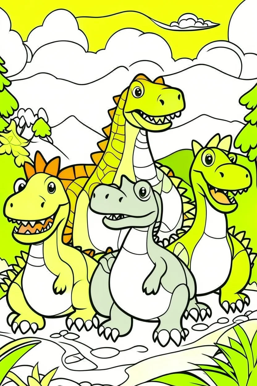 Create an adorable and simple full-body illustration of a group of friendly dinosaurs playing together in a prehistoric landscape. Ensure the dinosaurs have cheerful expressions and are engaging in activities that children would enjoy coloring. Think of vibrant colors and a joyful atmosphere to make it appealing for kids.