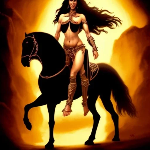 ultra detailed portrait of beautiful Dejah Thoris Riding a Black Horse and wearing a bikini plate armor, extremely detailed digital painting, in the style of Ken Kelly and A.J. Manzanedo and FRANK FRAZETTA and Simon Bisley and Ashley wood and Alex Horley, mystical colors, rim light, beautiful lighting, 8 k, stunning scene, raytracing