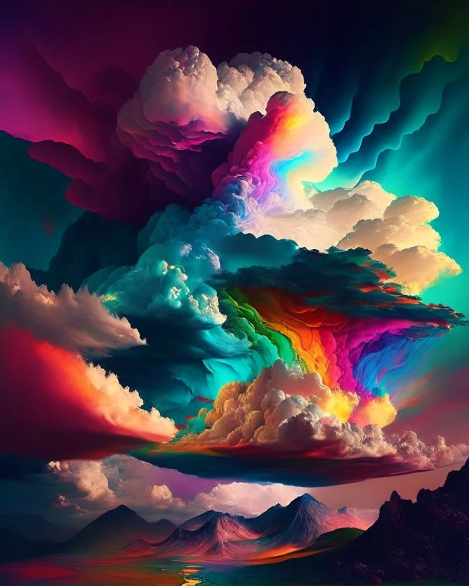 Phantasy landscape with dramatic cloud in multicolor