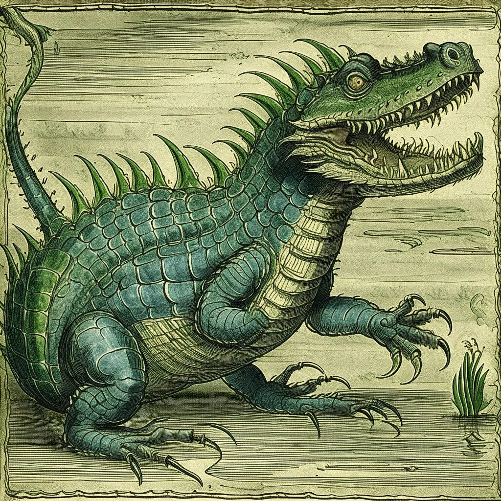 A bluish green sound elemental crocodile designed in Heidrun manuscripts painted by Lucas van Leyden
