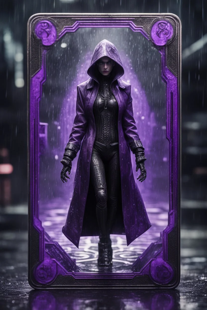 sacred geometry framed playing card, black and purple dancer thief in soaked rain coat shadows boss card in the style of Giger and fallout 4 ,,bokeh like f/0.8, tilt-shift lens 8k, high detail, smooth render, down-light, unreal engine