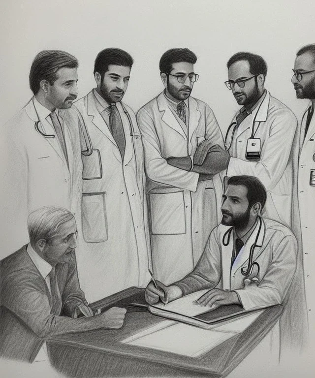 Pencil sketch of Four doctors are discussing ، on lined paper