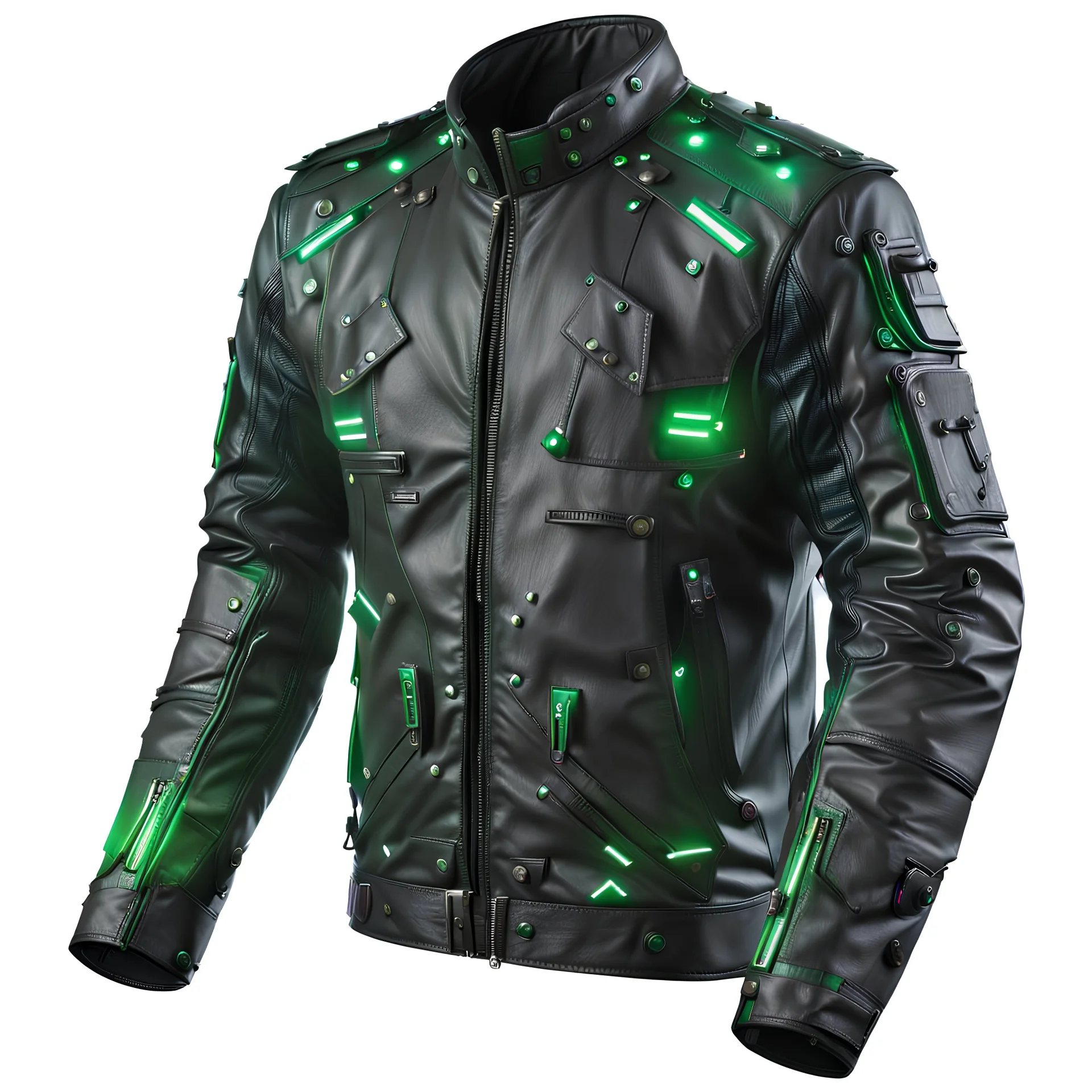 cyberpunk jacket, green lighting, black background