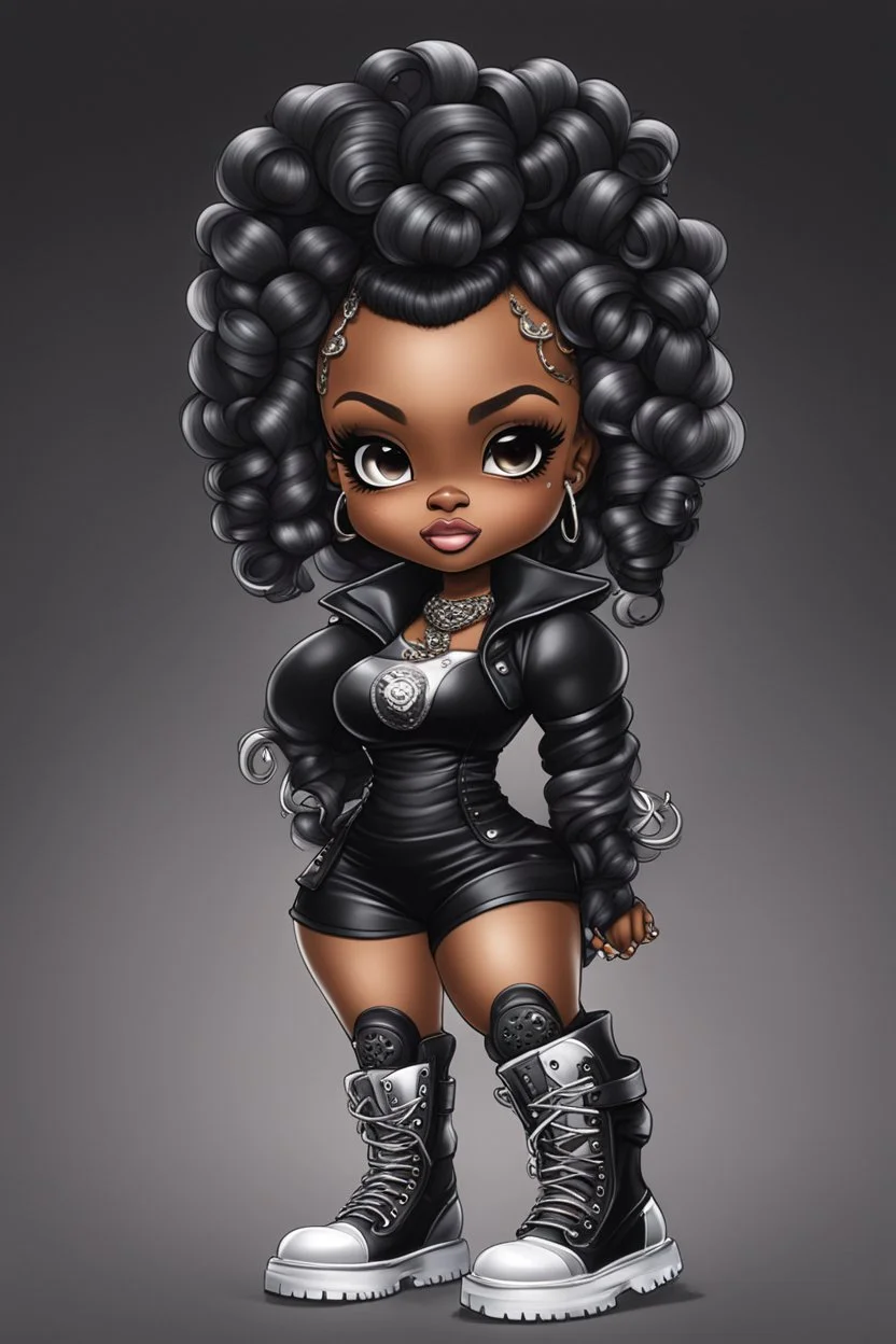 create an airbrush illustration of a chibi cartoon voluptuous black female wearing a black and silver outfit with timberland boots. Prominent make up with hazel eyes. Extremely highly detailed of a long wavy ombre bantu knots. Background of a bike show