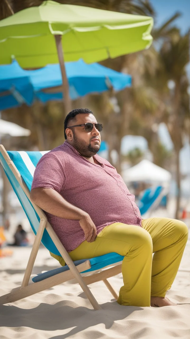 full figure shot photography of a serious ugly burly strong chubby marocan 35 years old, sells colored pareos on a crowded beach, sitting on a beach chair, sunligh, photorealistic, 35mm lens, side light, ambient occlusion