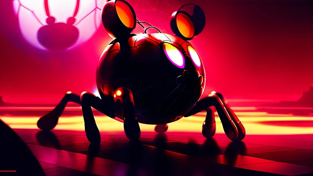 a spider mickey mouse hybrid, photorealism, movie screen capture, horror, sci-fi, retrofuturism,