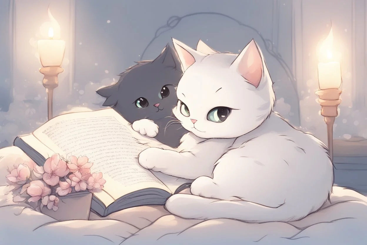 cute chibi cat mother reads a fairytale book to his baby kitten in a bed, flower tapestry, in a bedroom in candlelight, S<AI, watercolor and black ink outlines, soft, shading strokes, light pastel colors, ethereal, cinematic postprocessing, bokeh, dof